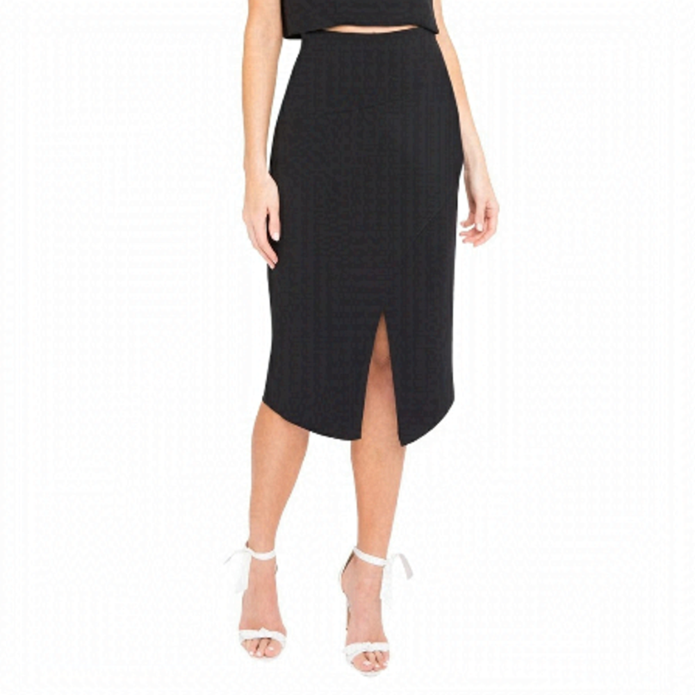 Black Halo Juma Black Asymmetrical Faux Wrap Pencil Tailored Skirt size 0 fits S